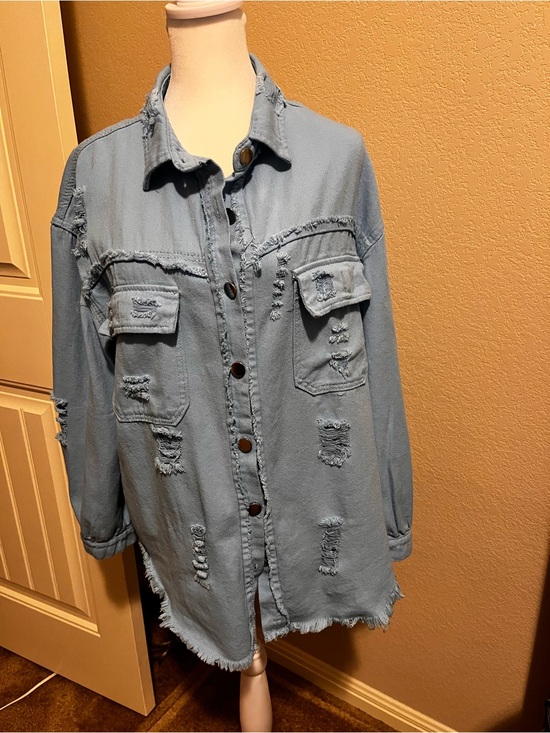 Jackets & Blazers - Distressed Light Blue Denim Shacket